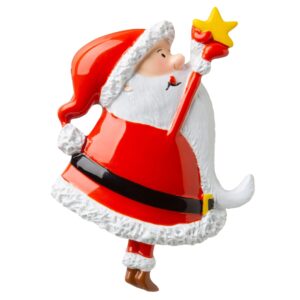 A Personalised Christmas Decoration depicting Santa reaching upwards with a yellow star in his hands.