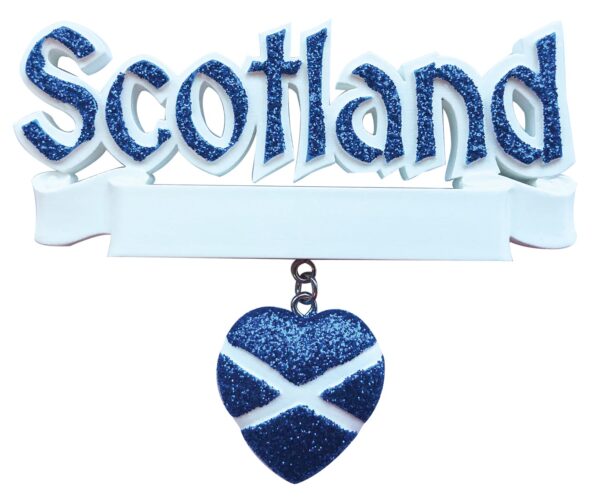 A Personalised Christmas Decoration. The word 'Scotland' in royal blue glitter sits above a white banner where a family name or motto can be written. Beneath the banner hangs a royal blue glitter heart with a white St Andrews cross on it.