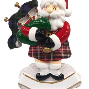 A personalised Christmas tree decoration depicting a Scottish Santa playing the bagpipes. Santa is wearing a red tartan kilt and red jumper and matching Santa hat. His bagpieps are green and have a green tartan over the pipes. Beneath Santa is a white scroll with room for a family name or motto.