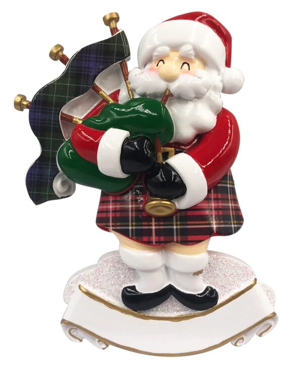 A personalised Christmas tree decoration depicting a Scottish Santa playing the bagpipes. Santa is wearing a red tartan kilt and red jumper and matching Santa hat. His bagpieps are green and have a green tartan over the pipes. Beneath Santa is a white scroll with room for a family name or motto.