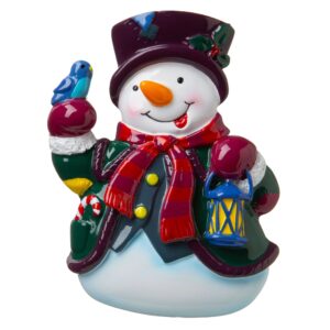 A Personalised Christmas Decoration depicting a jolly snowman wearing a winter coat and waistcoat with red striped scarf around his neck. On his head he wears a purple top hat decorated with a sprig of holly. In his left hand he carries a lantern while a blue bird sits on top of his right hand.