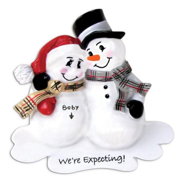 A Personalised Christmas Decoration depicting two snowmen cuddling together, one of which is pregnant. It has the word 'Baby' and an arrow pointing to its bump. Both are wearing scarves and hats. Beneath them is text that reads 'We're Expecting!'.