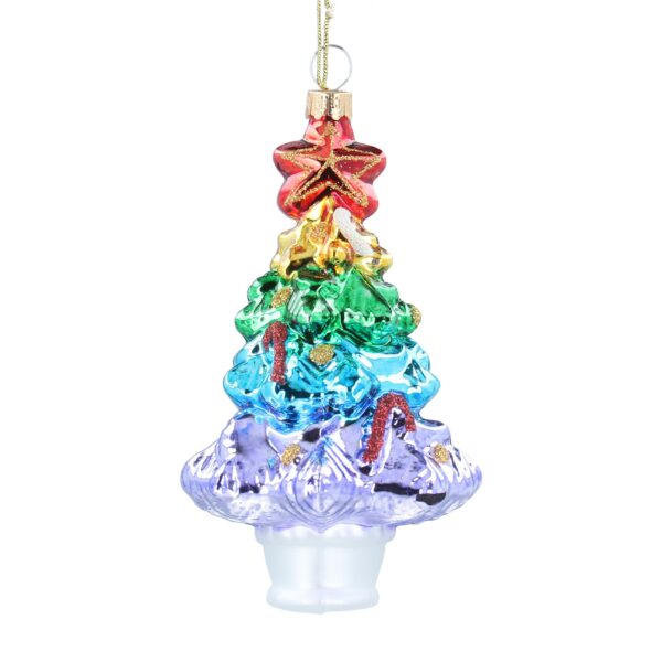 A traditonal blown glass Chrsitmas tree decoration in the shape of a Christmas tree with a star on top. It is decorated in metallic rainbow colours starting with the red star on top, then a row of yellow branches, then green, blue and purple and finishing in a silver pot at the bottom. The branches are decorated with candy canes and baubles made of glitter and the star has some gold glitter detail too.