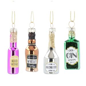 A set of four blown glass Christmas tree decorations in the shape of Liquer bottles. There is a pink metallic wine bottle that has a 'Vintage RED WINE' label and gold glitter detail on the neck, then a brown metallic curvy bottle that has a label that reads 'SPECIAL BLEND WHISKY AGED 40 YEARS' and black glitter detail on the neck, nect is a long necked silver metallic bottle with a label that reads 'PROSECCO EXTRA DRY' and has gold glitter deatil on the neck. Lastly there is a square shaped metallic green bottle with a label that reads 'DRY GIN LONDON No11' and has gold glitter detail on the neck. All hang from gold strings.