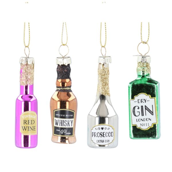 A set of four blown glass Christmas tree decorations in the shape of Liquer bottles. There is a pink metallic wine bottle that has a 'Vintage RED WINE' label and gold glitter detail on the neck, then a brown metallic curvy bottle that has a label that reads 'SPECIAL BLEND WHISKY AGED 40 YEARS' and black glitter detail on the neck, nect is a long necked silver metallic bottle with a label that reads 'PROSECCO EXTRA DRY' and has gold glitter deatil on the neck. Lastly there is a square shaped metallic green bottle with a label that reads 'DRY GIN LONDON No11' and has gold glitter detail on the neck. All hang from gold strings.