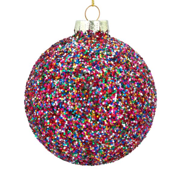 A glass Christmas tree bauble covered completely in multicoloured glitter.