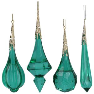 A set of four acrylic emerald jade coloured crystal shaped Christmas tree decorations. All four of these decorations have been shaped like cut semi precious stones and mounted on an ornate die cut gold fixings. The first, on the left, is shaped like a crocus bulb with curved segments and a round nyb at the bottom. The next one is cut like a hanging diamond with two tiers. The third one is a rounded teardrop shape with lots of facets and the fourth on the slim with segments that end in a fine point.