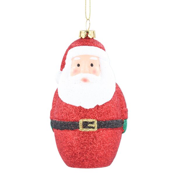 A barrel shaped Santa Claus Christmas tree decoartion. Santa's rosy cheeks can be seen poking out from his big white beard. Santa's red suit and hat have been covered in red glitter while his belt has been decorated in black glitter with gold glitter for the buckle and green glitter for his mittens.