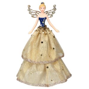 A golden fairy Christmas Tree Topper. The dress of this tree topper is made of two layers of pale gold shimmering fabric that has a gold glitter band along the hems and gold star shaped sequins sewn to it. The fairy's bodice is navy blue with gold stars and a moon painted on. Around her waist there is a decoration of dark gold beads na d gold stars. Her fairy wings have a cut out deatil and are covered completly in gold glitter. Her blond hair is styled in a bun and decorated with a blue jewel.