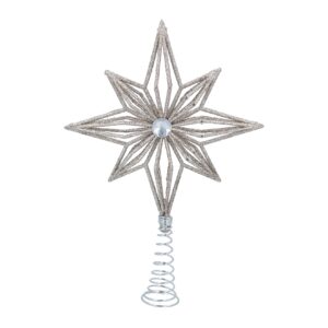 A pale gold coloured, eight pointed star shaped christmas tree topper. This star has a cut away design and is covered in pale gold glitter. it has a white diamante in the centre and is supplied on a conical spring for mounting on the tree.