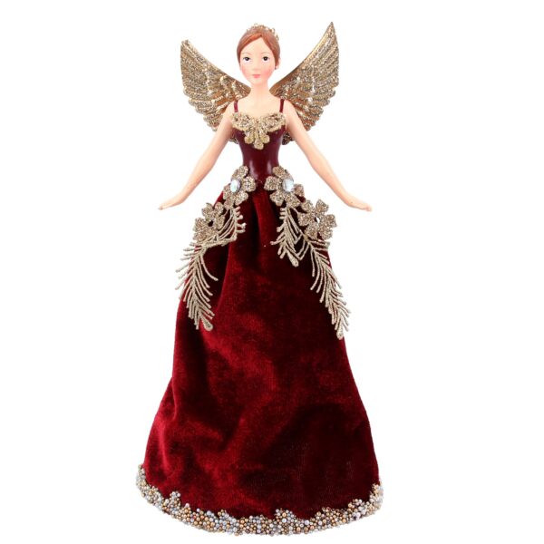 A Burgundy Velvet Fairy Tree Topper. The dress of this fairy is made from dark burgundy material which has a thick hem of tiny gold and silver beads all along the bottom. Her painted bodice is also burgundy and has gold fabric flowers and fern details on the waist. The flowers have white diamantes for centres and gold glitter accents on the petals. She has a gold glitter bow at the neckline of he bodice . Her gold metal wings have also been decorated with gold glitter.