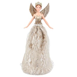 A Pale Gold Lace Fairy Tree Topper. The dress of this fairy is made from pale gold material which has an overlay of pale cream lace. Her painted bodice is also gold and has tiny gold and silver beads and a string of white pearls at her waist. Her gold metal wings have also been decorated with gold glitter. On her head she has a crown made of gold lace decorated with a white diamante jewel.