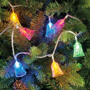 A section of 100 LED Acrylic Bell Light String - Multicoloured shown lit against a green Christmas tree background.