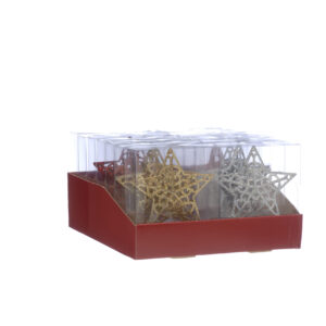 A red display box filled with Exquisite Mini Star Tree Topper (15cm) - in three different colours Red, Gold or Silver