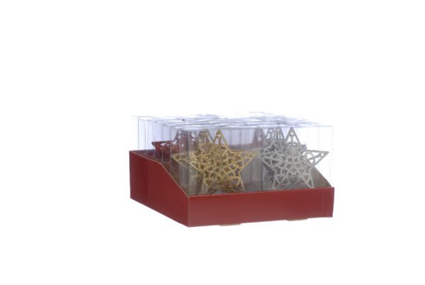 A red display box filled with Exquisite Mini Star Tree Topper (15cm) - in three different colours Red, Gold or Silver