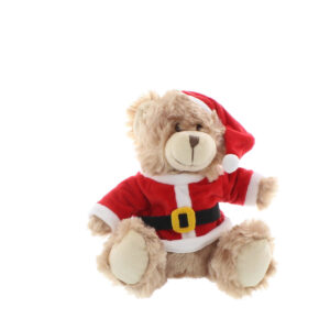 A plush, golden brown teddy bear wearing a red flet Santa coat with white trim and balck belt with gold buckle. He has a red felt Santa hat with a white pom pom at the point.