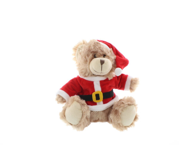 A plush, golden brown teddy bear wearing a red flet Santa coat with white trim and balck belt with gold buckle. He has a red felt Santa hat with a white pom pom at the point.