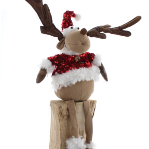 A plush reindeer figurine with brown felt antlers and a red sequined coat with fluffy white trim and matching Santa hat. He has long legs that dangle when he sits.