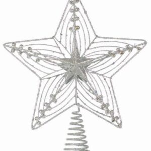 A silver glitter, wire frame, star shaped Christmas tree topper decorated with silver beards and sat upon a silver conical spring for mounting on top of the tree.