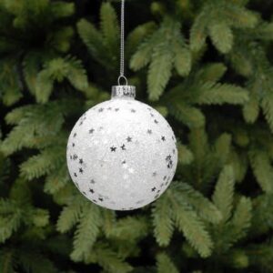 White Glitter Christmas Tree Bauble with Tiny Silver Stars - 8cm