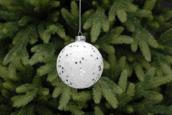 White Glitter Christmas Tree Bauble with Tiny Silver Stars - 8cm