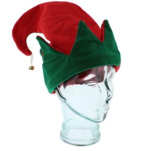 A plush red velour elf hat witha green pointy velour trim and a gold bell on the tip. Shown mounted on a clear glass mannequin head.