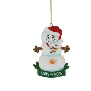 A naughty, polyresin Snowman Christmas tree decoration. This playful snowman is wearing a red Santa hat and a white and red scarf. he has two twigs for arms and coal eyes and a coal smile. His orange carrot nose is not on his face but is on his crotch. Beneath him is a green banner with white text which reads ' BLOW MY NOSE'.