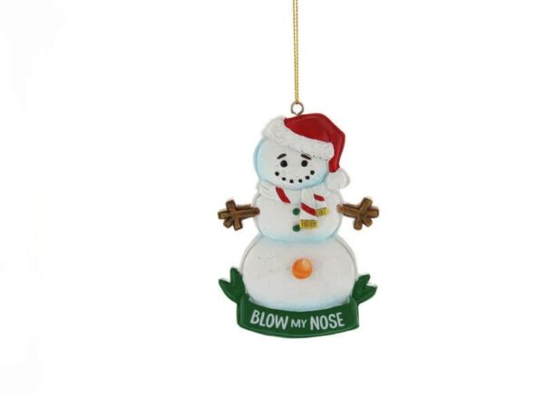 A naughty, polyresin Snowman Christmas tree decoration. This playful snowman is wearing a red Santa hat and a white and red scarf. he has two twigs for arms and coal eyes and a coal smile. His orange carrot nose is not on his face but is on his crotch. Beneath him is a green banner with white text which reads ' BLOW MY NOSE'.