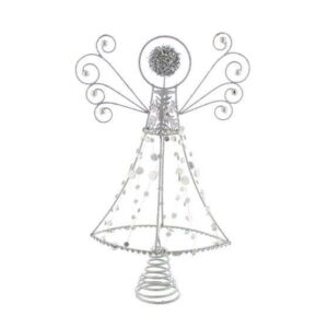 A silver glitter wire Angel Christmas tree topper decorated with silver beads and sequins. With a conical spring for mounting on the tree.