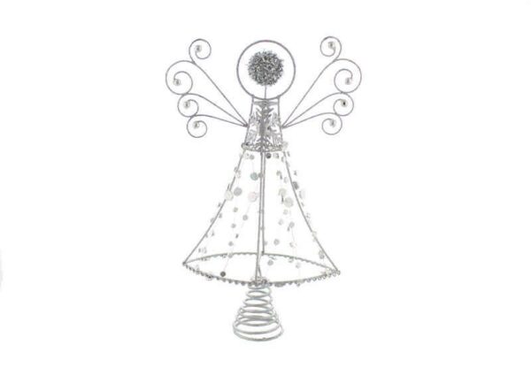 A silver glitter wire Angel Christmas tree topper decorated with silver beads and sequins. With a conical spring for mounting on the tree.