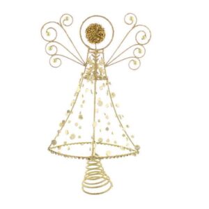 A gold glitter wire Angel Christmas tree topper decorated with gold beads and sequins. With a conical spring for mounting on the tree.