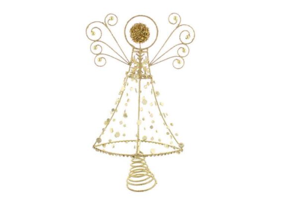 A gold glitter wire Angel Christmas tree topper decorated with gold beads and sequins. With a conical spring for mounting on the tree.