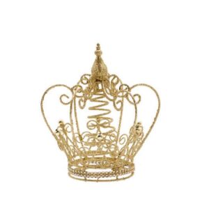 A wire frame gold glitter crown shaped Christmas tree topper.