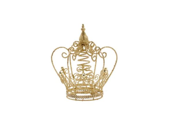 A wire frame gold glitter crown shaped Christmas tree topper.