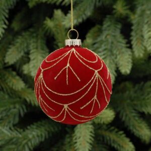 A clear glass Christmas tree bauble covered completly in red flock and decorated with swags of fine gold glitter all the way around.