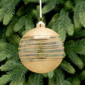 A clear glass Christmas tree bauble decorated with gold glitter covering the top and bottom third of the bauble with a fine line of spun gold glitter around the centre connecting the top and bottom.