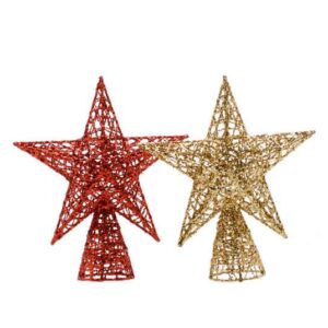 Two wire frame, star shaped Christmas tree toppers deorated in either red or gold glitter.