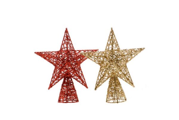 Two wire frame, star shaped Christmas tree toppers deorated in either red or gold glitter.