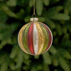 A round shaped, segmented, mercury style glass Christmas tree bauble decorated with each segmant as a different colour of red, white, gold and green reapeating all the way around.