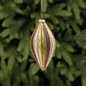 A teradrop shaped, segmented, mercury style glass Christmas tree bauble decorated with each segmant as a different colour of red, white, gold and green reapeating all the way around.