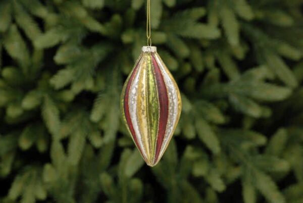 A teradrop shaped, segmented, mercury style glass Christmas tree bauble decorated with each segmant as a different colour of red, white, gold and green reapeating all the way around.