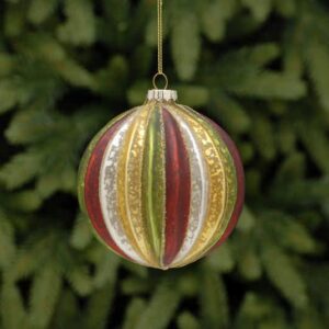 A round, segmented, mercury style glass Christmas tree bauble decorated with each segmant as a different colour of red, white, gold and green reapeating all the way around.