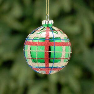 A metallic green Christmas tree bauble decorated with fine lines of gold, red and blue glitter that creates a tartan pattern effect across the bauble.