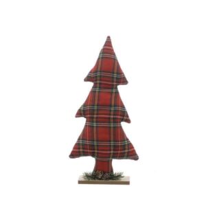 A tall plush, red tartan fabric, Christmas tree shaped ornament on a wooden plinth. Decorated with a sprig of festive foliage and a pine cone at its base.