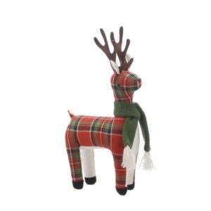 Plush red tartan fabric standing reindeer. A plush freestanding reindeer decoration made from red tartan and white felt fabric. He has brown felt antlers and is wearing a green knitted scarf.