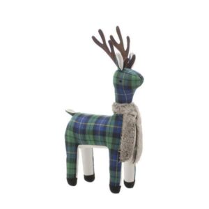 Plush blue tartan fabric standing reindeer. a plush freestanding reindeer decoration made from blue tartan and white felt fabric. He has brown felt antlers and is wearing a grey fleecy scarf.