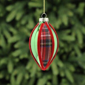 A metallic green teardrop shaped glass Christmas tree bauble with red tartan fabric segments and finished with red velour ribbon around the segments.