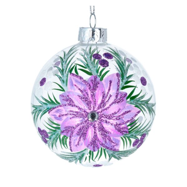 A clear glass Christmas tree bauble decorated with a hand painted image of a purple poinsettia flower with green foliage. The flower has accents of purple glitter on it's petals and a clear diamante jewel in it's centre. The leaves have pale green glitter detail.