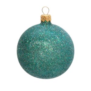 A clear glass Christmas tree bauble covered completely in sparkling turquoise coloured glitter.