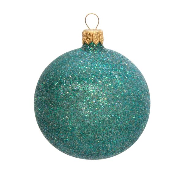 A clear glass Christmas tree bauble covered completely in sparkling turquoise coloured glitter.